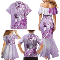 Aotearoa Maori Wahine Family Matching Mermaid Dress and Hawaiian Shirt Fantail Bird Purple Gold Marble