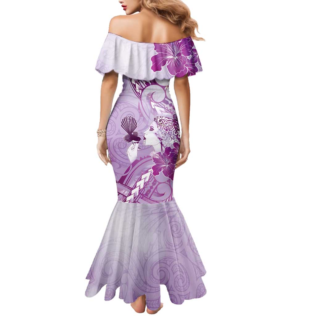 Aotearoa Maori Wahine Family Matching Mermaid Dress and Hawaiian Shirt Fantail Bird Purple Gold Marble