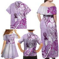 Aotearoa Maori Wahine Family Matching Off Shoulder Maxi Dress and Hawaiian Shirt Fantail Bird Purple Gold Marble