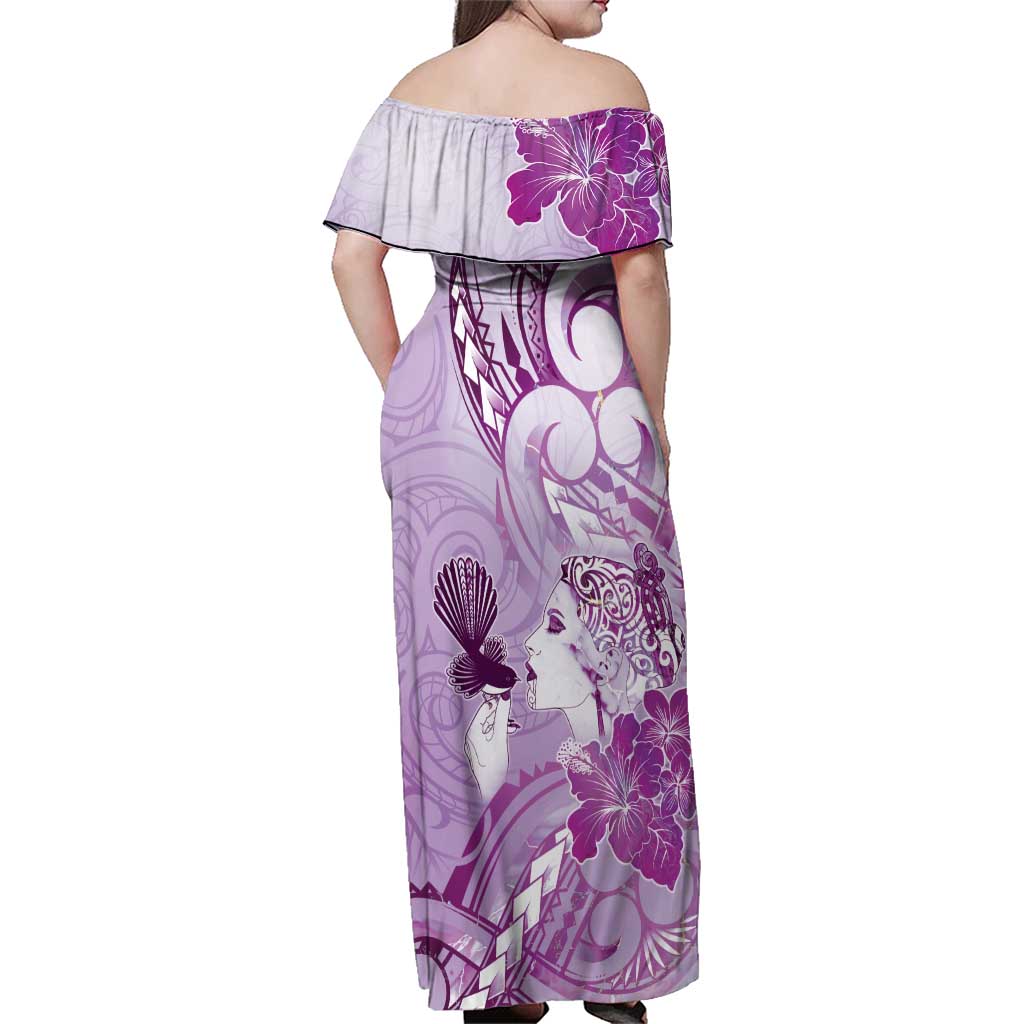 Aotearoa Maori Wahine Family Matching Off Shoulder Maxi Dress and Hawaiian Shirt Fantail Bird Purple Gold Marble