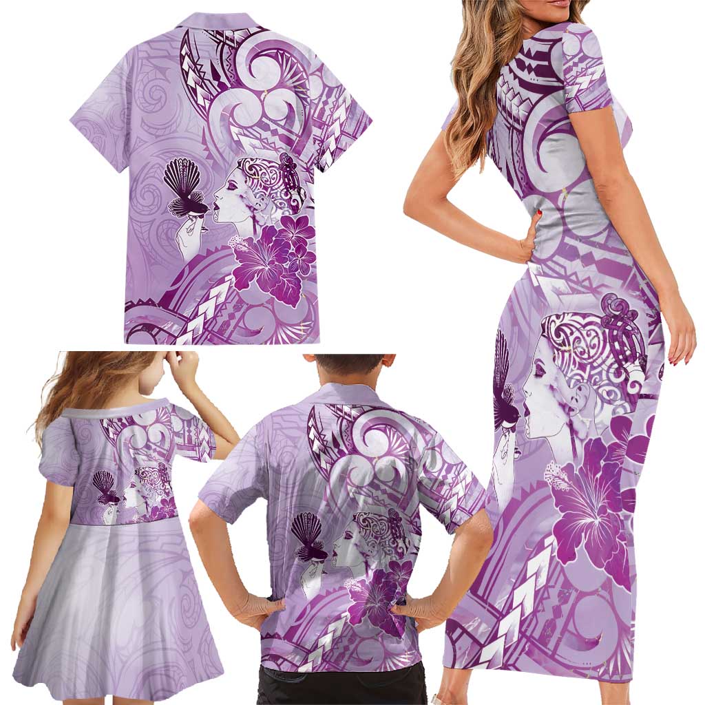 Aotearoa Maori Wahine Family Matching Short Sleeve Bodycon Dress and Hawaiian Shirt Fantail Bird Purple Gold Marble