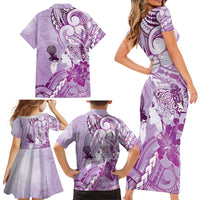 Aotearoa Maori Wahine Family Matching Short Sleeve Bodycon Dress and Hawaiian Shirt Fantail Bird Purple Gold Marble
