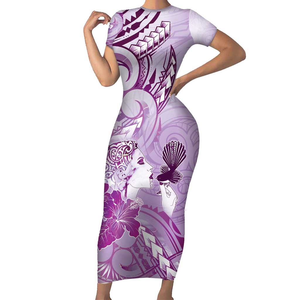 Aotearoa Maori Wahine Family Matching Short Sleeve Bodycon Dress and Hawaiian Shirt Fantail Bird Purple Gold Marble