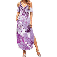 Aotearoa Maori Wahine Family Matching Summer Maxi Dress and Hawaiian Shirt Fantail Bird Purple Gold Marble