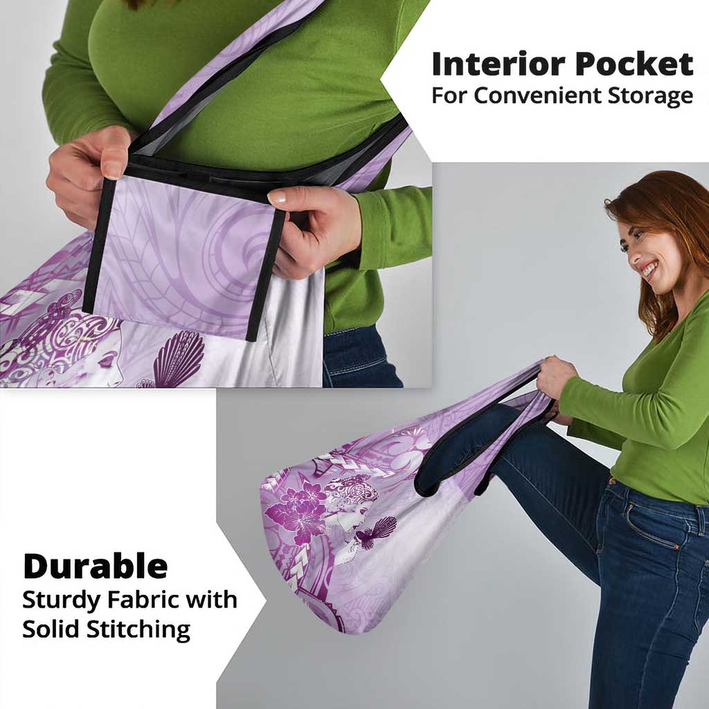 Aotearoa Maori Wahine Grocery Bag Fantail Bird Purple Gold Marble