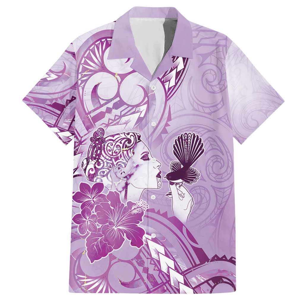 Aotearoa Maori Wahine Hawaiian Shirt Fantail Bird Purple Gold Marble LT05 Purple - Polynesian Pride