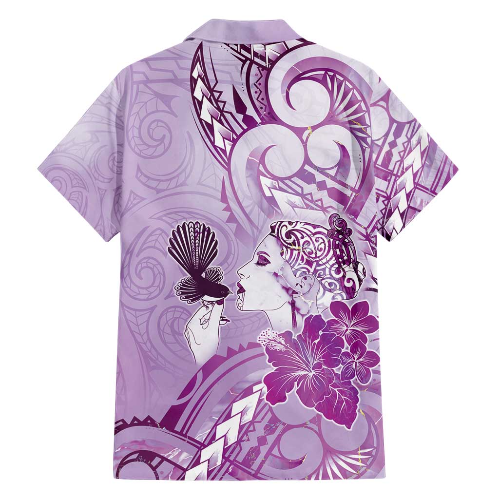 Aotearoa Maori Wahine Hawaiian Shirt Fantail Bird Purple Gold Marble LT05 - Polynesian Pride