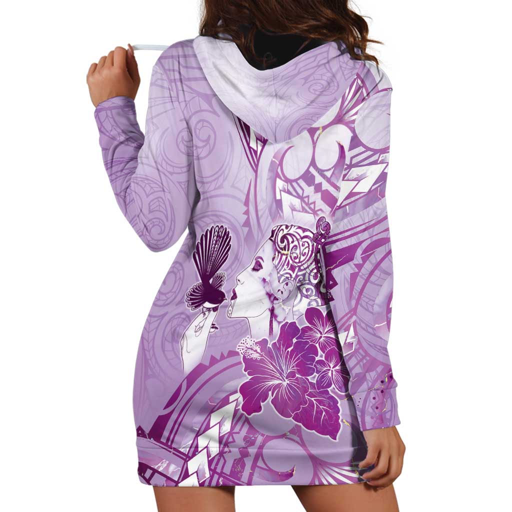 Aotearoa Maori Wahine Hoodie Dress Fantail Bird Purple Gold Marble