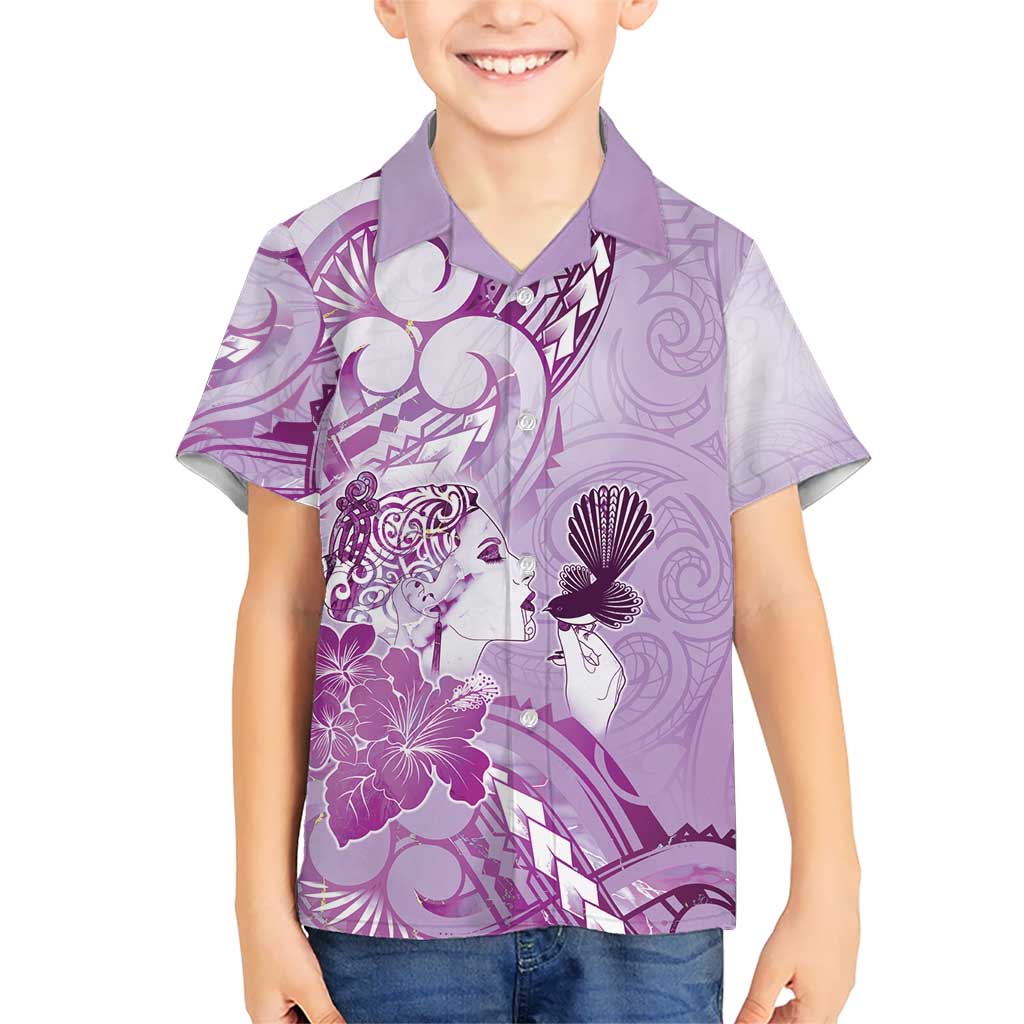 Aotearoa Maori Wahine Kid Hawaiian Shirt Fantail Bird Purple Gold Marble LT05 Kid Purple - Polynesian Pride