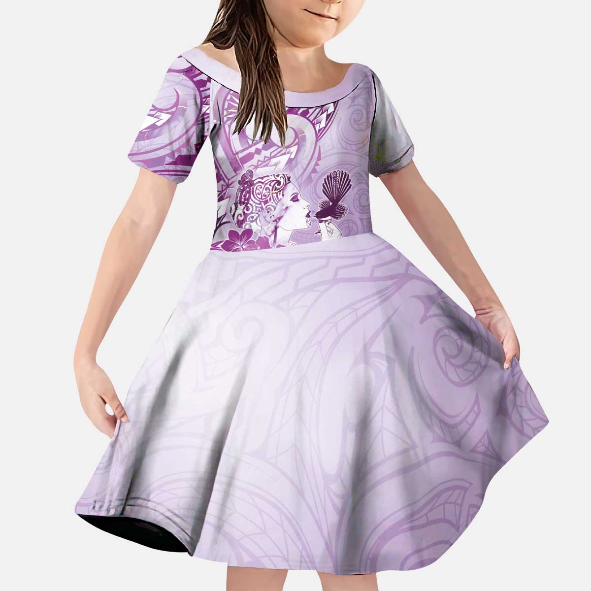 Aotearoa Maori Wahine Kid Short Sleeve Dress Fantail Bird Purple Gold Marble LT05 KID Purple - Polynesian Pride