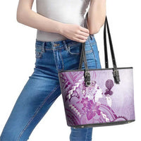 Aotearoa Maori Wahine Leather Tote Bag Fantail Bird Purple Gold Marble