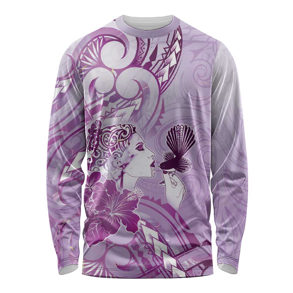 Aotearoa Maori Wahine Long Sleeve Shirt Fantail Bird Purple Gold Marble LT05 Unisex Purple - Polynesian Pride