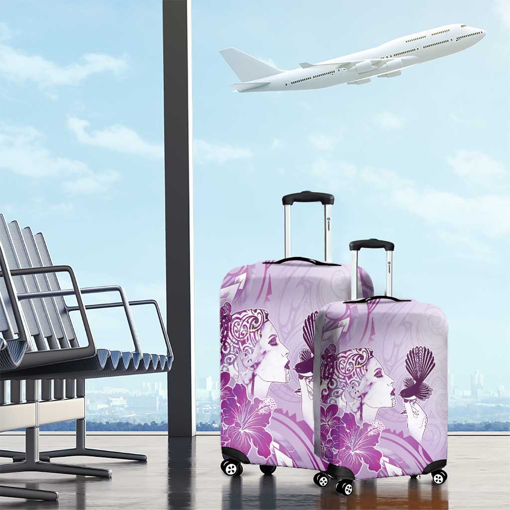 Aotearoa Maori Wahine Luggage Cover Fantail Bird Purple Gold Marble
