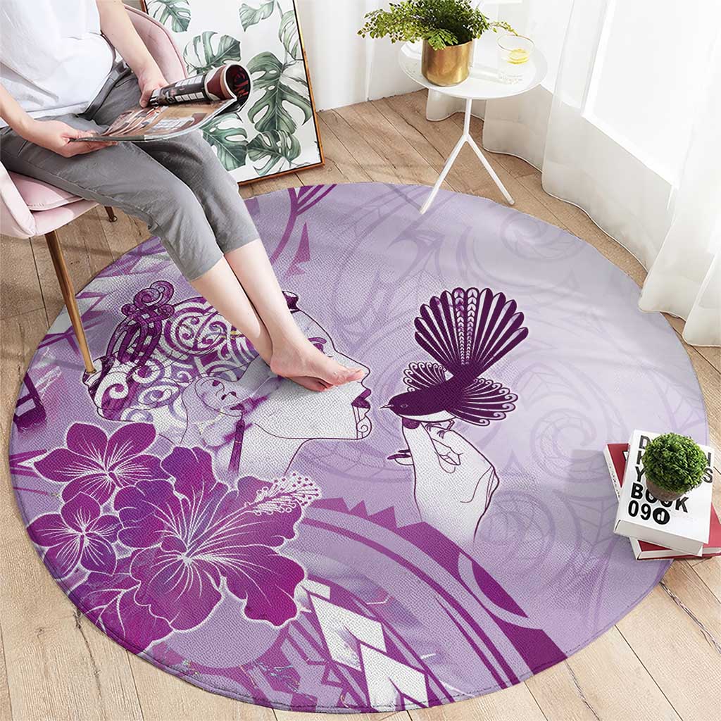 Aotearoa Maori Wahine Round Carpet Fantail Bird Purple Gold Marble