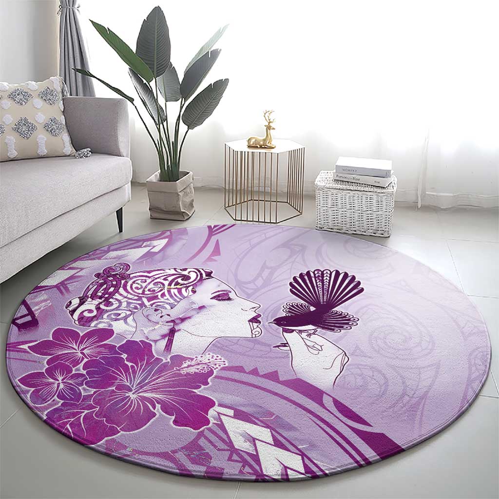 Aotearoa Maori Wahine Round Carpet Fantail Bird Purple Gold Marble