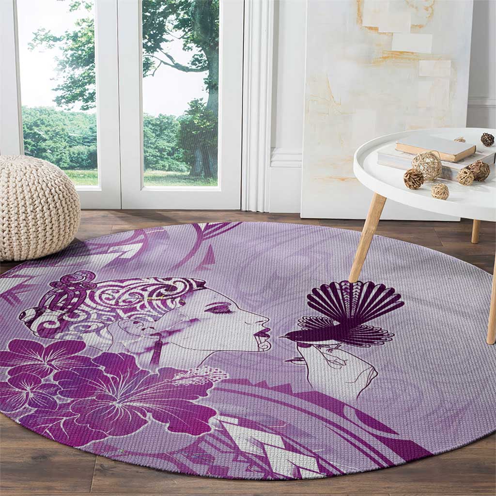 Aotearoa Maori Wahine Round Carpet Fantail Bird Purple Gold Marble