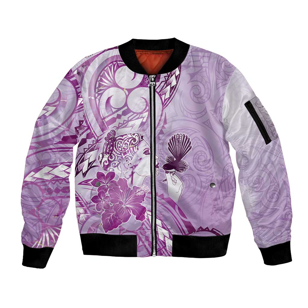 Aotearoa Maori Wahine Sleeve Zip Bomber Jacket Fantail Bird Purple Gold Marble