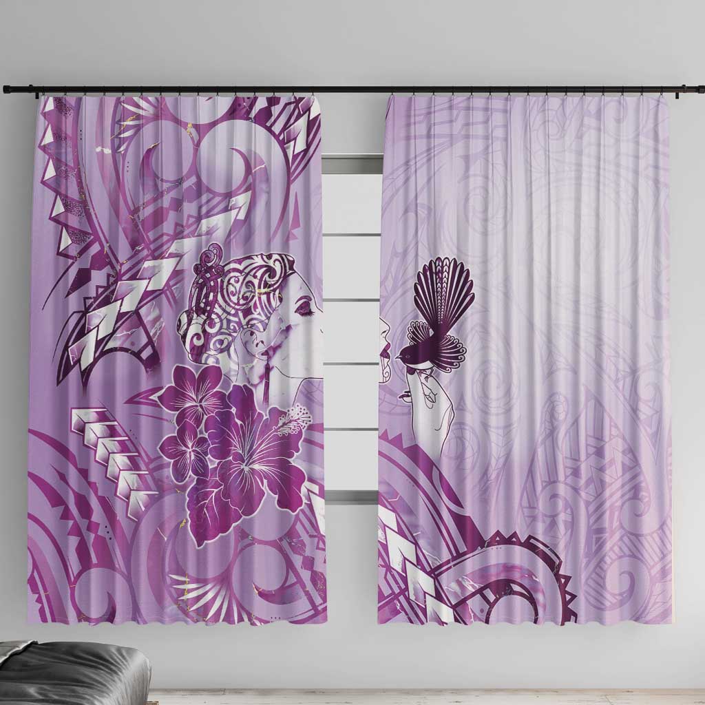 Aotearoa Maori Wahine Window Curtain Fantail Bird Purple Gold Marble LT05 With Hooks Purple - Polynesian Pride