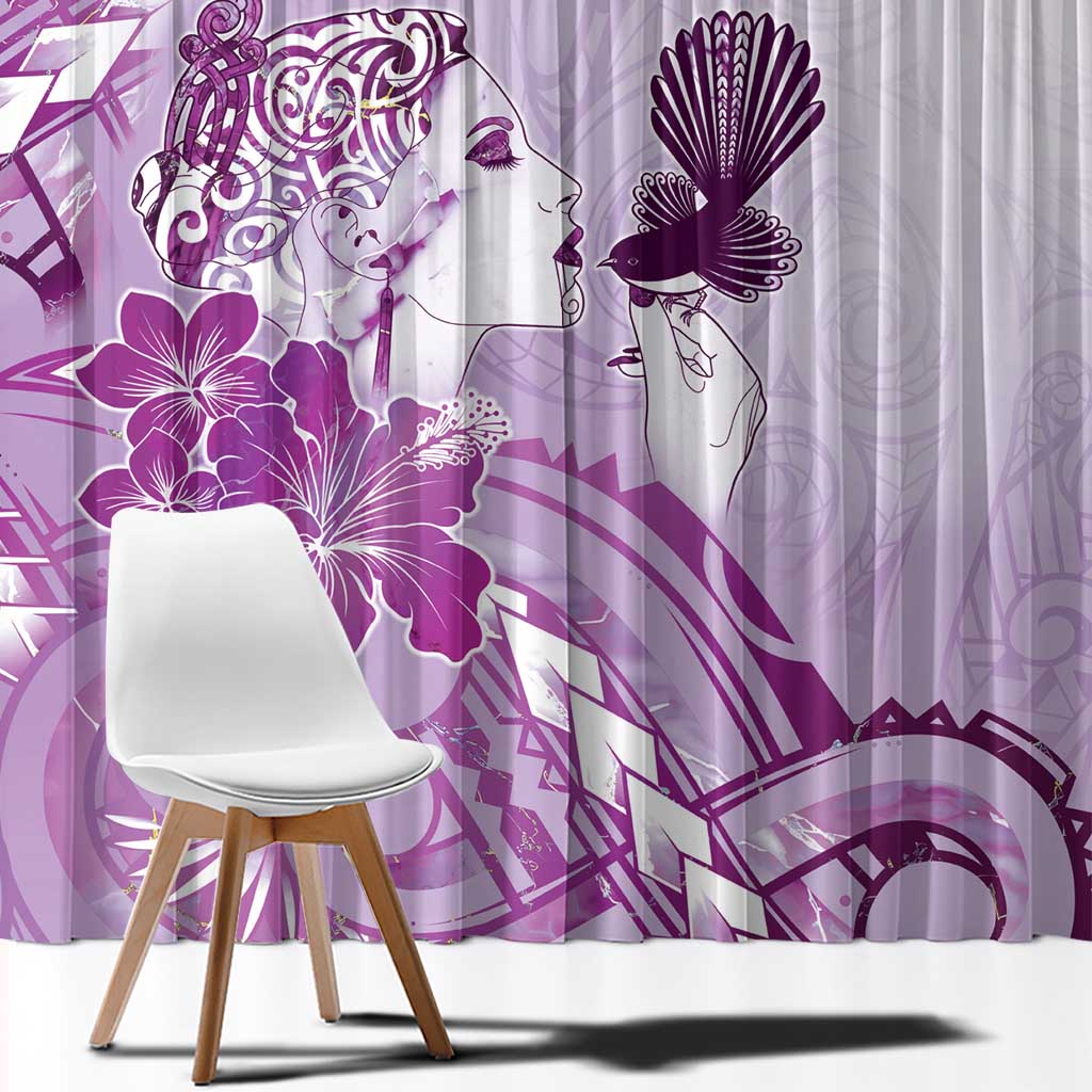 Aotearoa Maori Wahine Window Curtain Fantail Bird Purple Gold Marble LT05 - Polynesian Pride