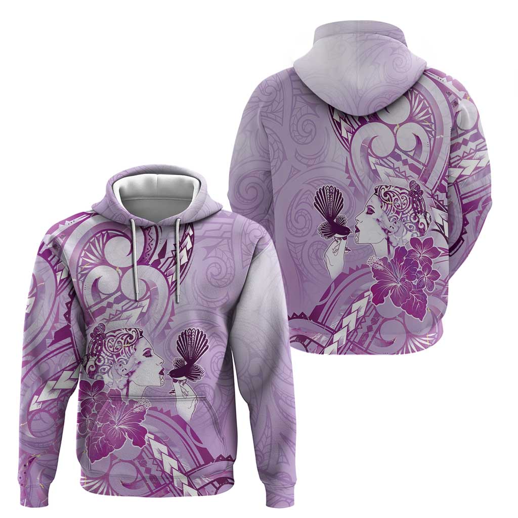 Aotearoa Maori Wahine Zip Hoodie Fantail Bird Purple Gold Marble