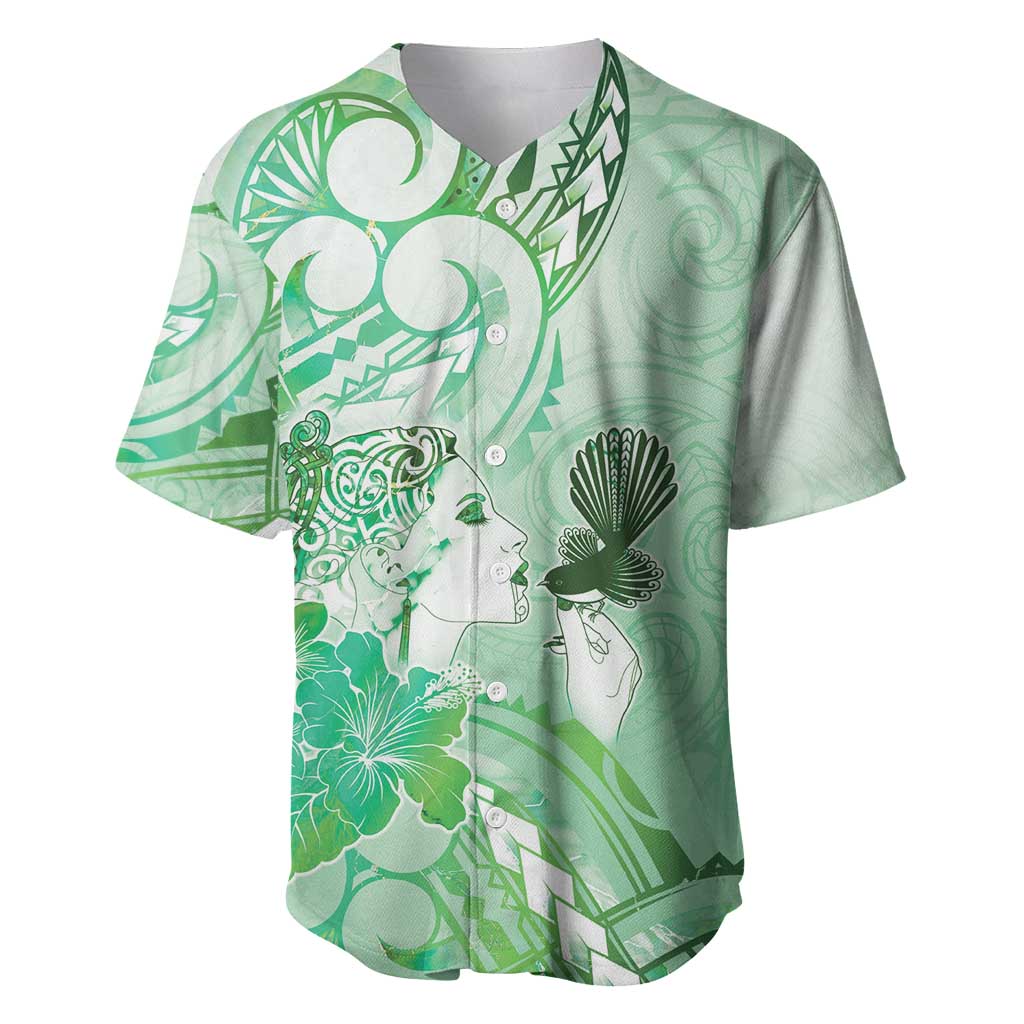 Aotearoa Maori Wahine Baseball Jersey Fantail Bird Green Gold Marble