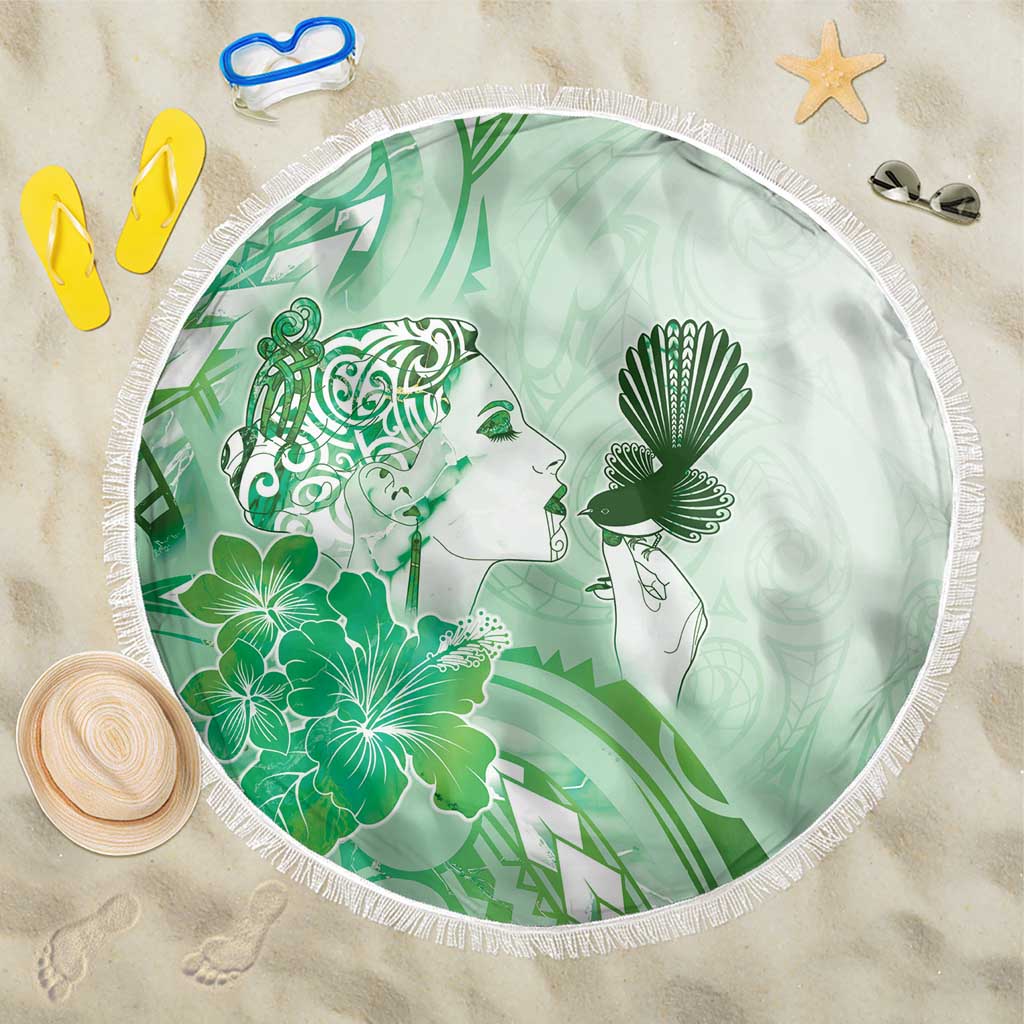 Aotearoa Maori Wahine Beach Blanket Fantail Bird Green Gold Marble LT05 One Size 150cm Green - Polynesian Pride
