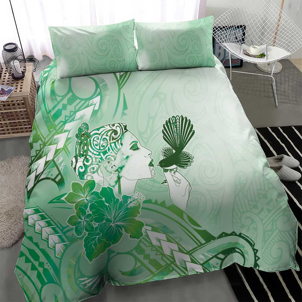 Aotearoa Maori Wahine Bedding Set Fantail Bird Green Gold Marble
