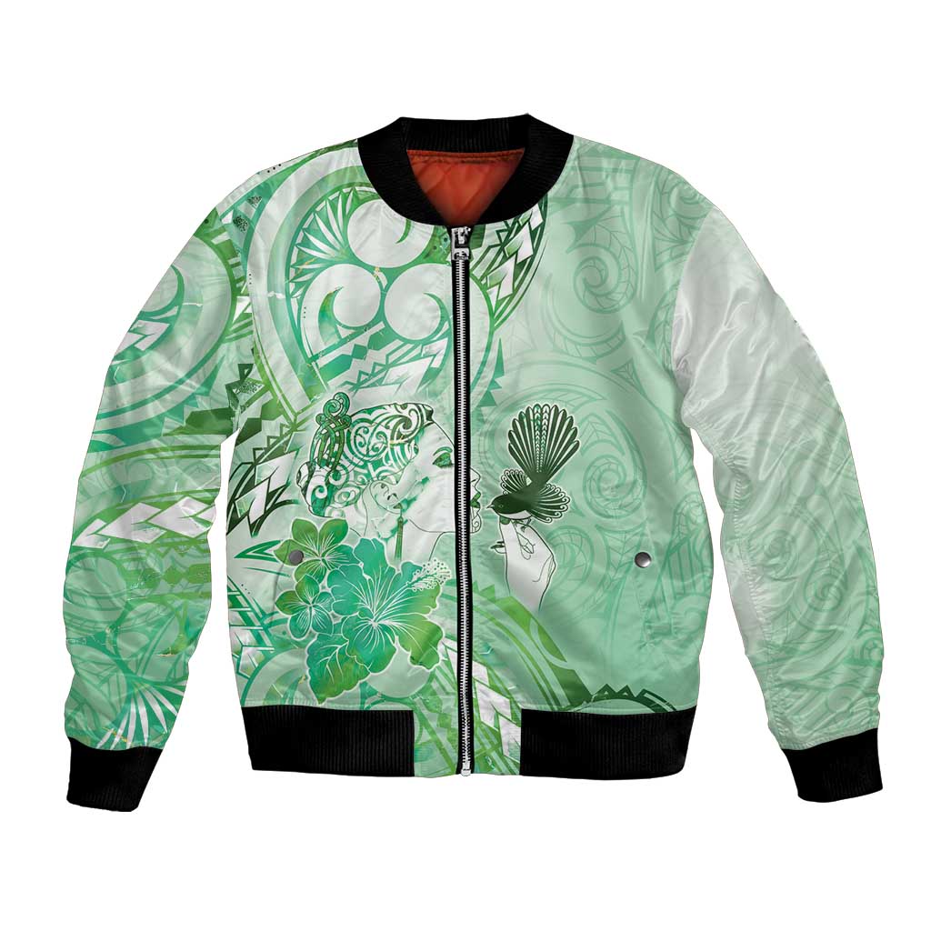 Aotearoa Maori Wahine Bomber Jacket Fantail Bird Green Gold Marble
