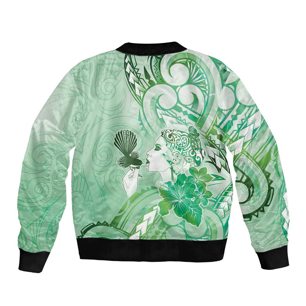 Aotearoa Maori Wahine Bomber Jacket Fantail Bird Green Gold Marble