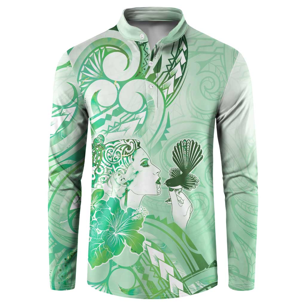 Aotearoa Maori Wahine Button Sweatshirt Fantail Bird Green Gold Marble