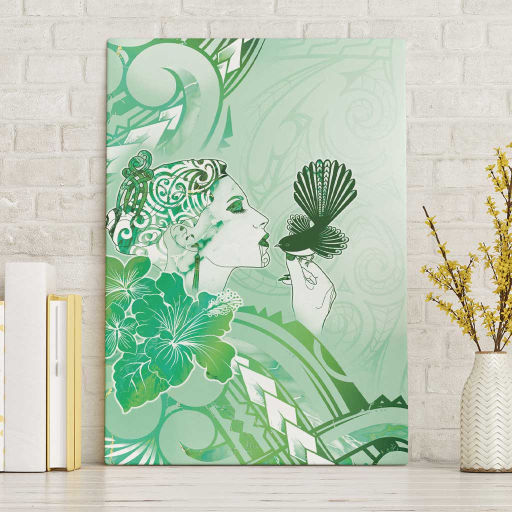 Aotearoa Maori Wahine Canvas Wall Art Fantail Bird Green Gold Marble