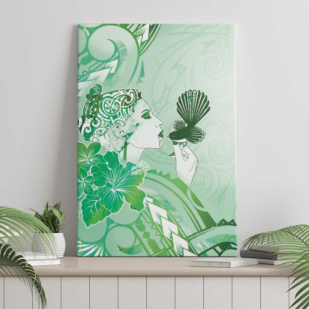 Aotearoa Maori Wahine Canvas Wall Art Fantail Bird Green Gold Marble LT05 - Polynesian Pride