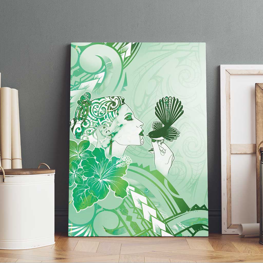 Aotearoa Maori Wahine Canvas Wall Art Fantail Bird Green Gold Marble LT05 - Polynesian Pride