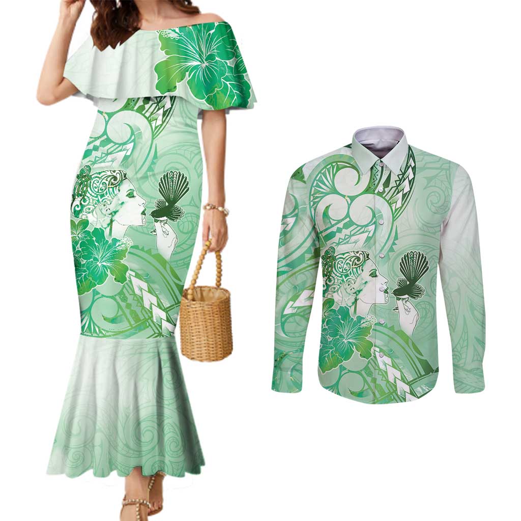Aotearoa Maori Wahine Couples Matching Mermaid Dress and Long Sleeve Button Shirt Fantail Bird Green Gold Marble