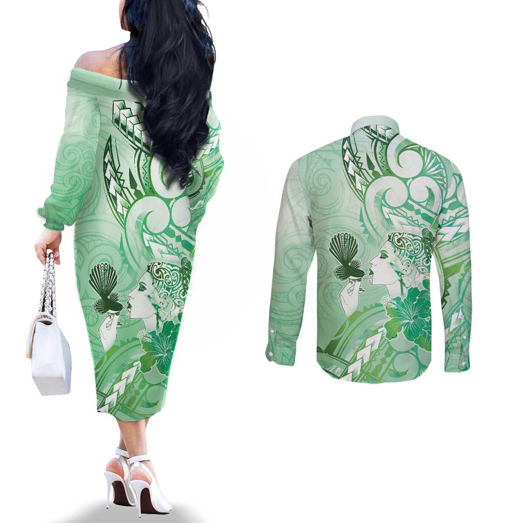 Aotearoa Maori Wahine Couples Matching Off The Shoulder Long Sleeve Dress and Long Sleeve Button Shirt Fantail Bird Green Gold Marble