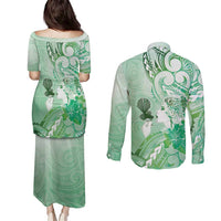 Aotearoa Maori Wahine Couples Matching Puletasi and Long Sleeve Button Shirt Fantail Bird Green Gold Marble