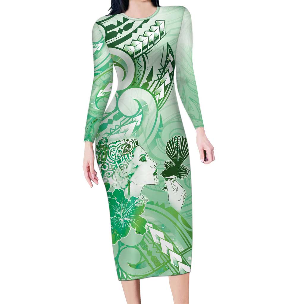 Aotearoa Maori Wahine Family Matching Long Sleeve Bodycon Dress and Hawaiian Shirt Fantail Bird Green Gold Marble