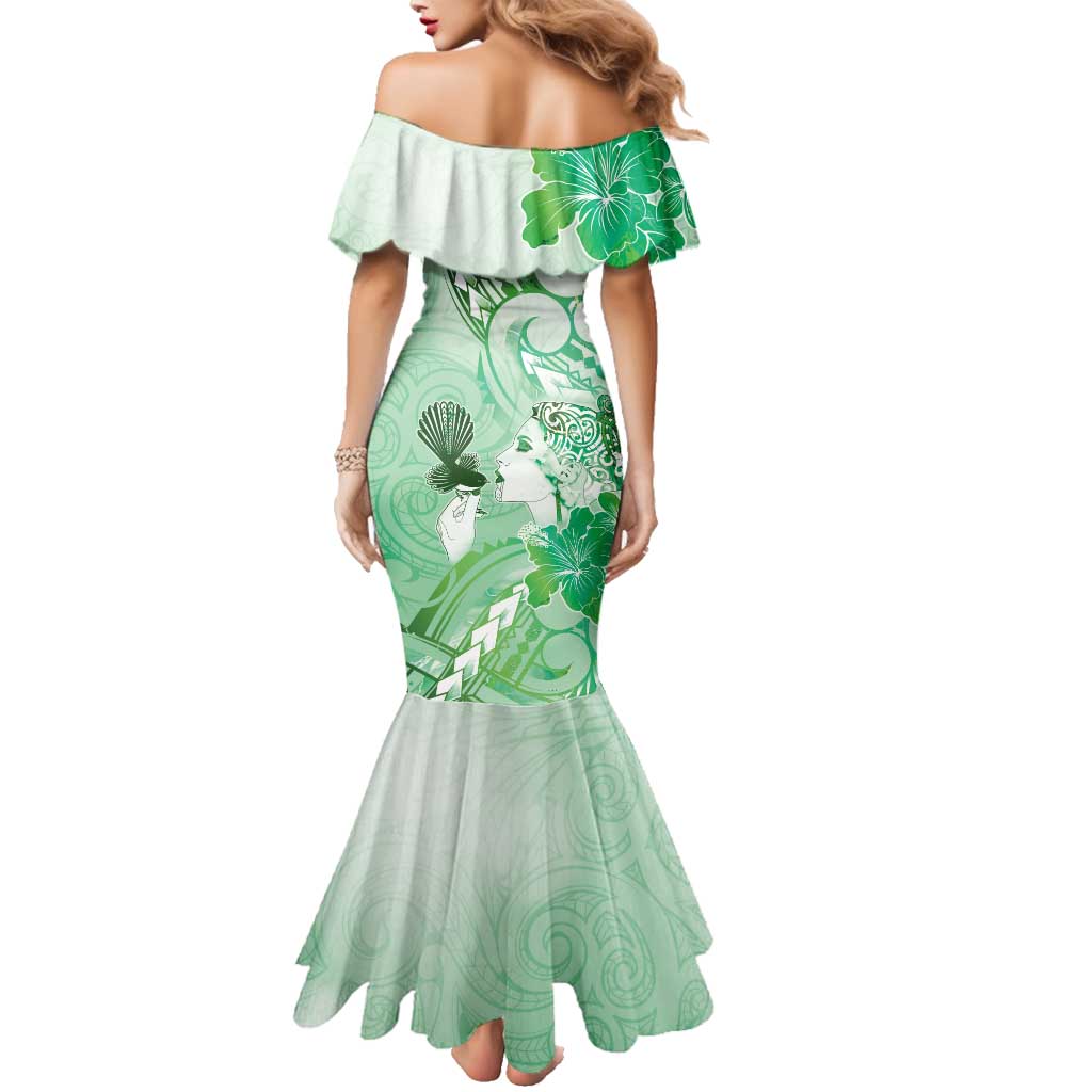 Aotearoa Maori Wahine Family Matching Mermaid Dress and Hawaiian Shirt Fantail Bird Green Gold Marble