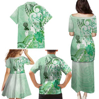Aotearoa Maori Wahine Family Matching Puletasi and Hawaiian Shirt Fantail Bird Green Gold Marble