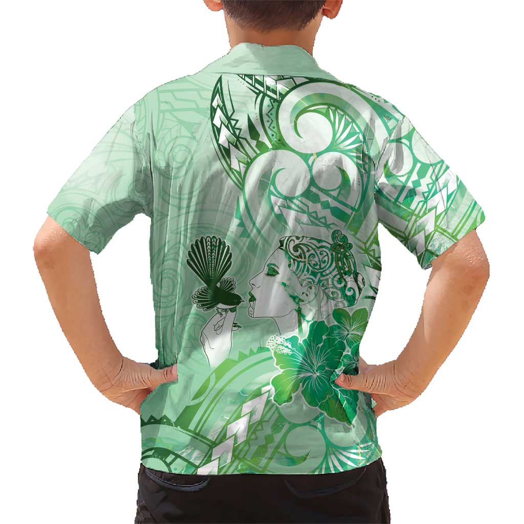 Aotearoa Maori Wahine Family Matching Short Sleeve Bodycon Dress and Hawaiian Shirt Fantail Bird Green Gold Marble