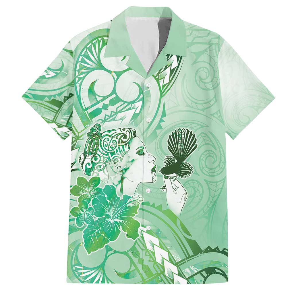 Aotearoa Maori Wahine Family Matching Short Sleeve Bodycon Dress and Hawaiian Shirt Fantail Bird Green Gold Marble