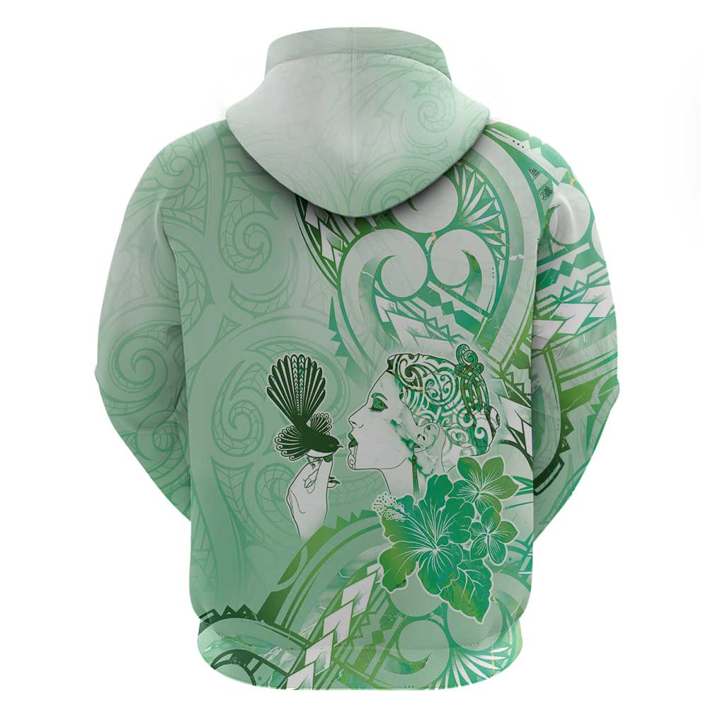 Aotearoa Maori Wahine Hoodie Fantail Bird Green Gold Marble