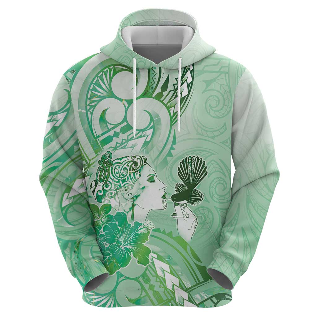 Aotearoa Maori Wahine Hoodie Fantail Bird Green Gold Marble