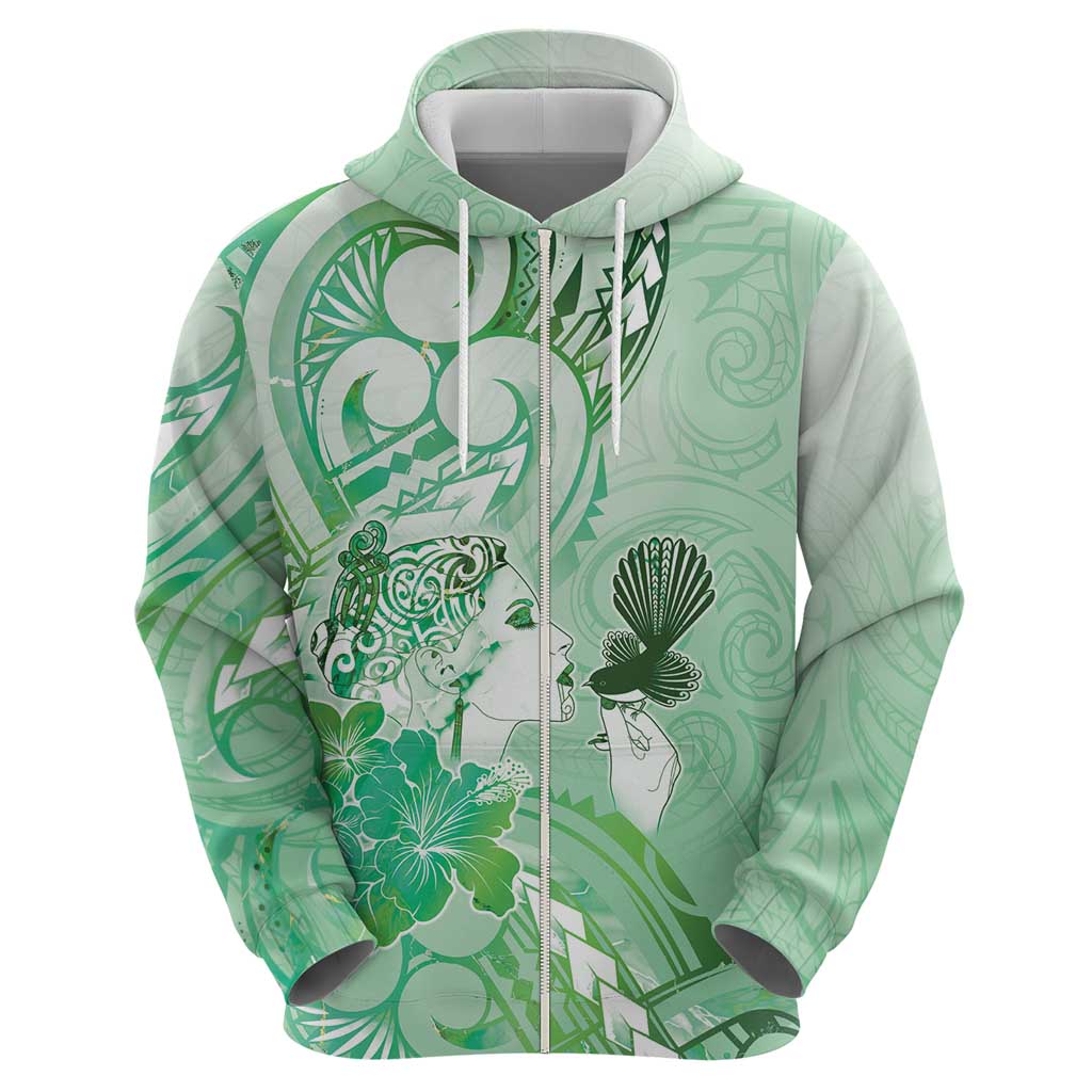 Aotearoa Maori Wahine Hoodie Fantail Bird Green Gold Marble