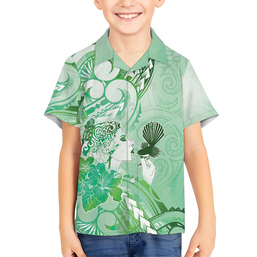 Aotearoa Maori Wahine Kid Hawaiian Shirt Fantail Bird Green Gold Marble
