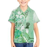 Aotearoa Maori Wahine Kid Hawaiian Shirt Fantail Bird Green Gold Marble