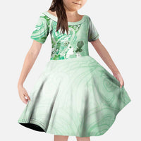 Aotearoa Maori Wahine Kid Short Sleeve Dress Fantail Bird Green Gold Marble LT05 KID Green - Polynesian Pride