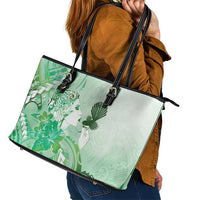 Aotearoa Maori Wahine Leather Tote Bag Fantail Bird Green Gold Marble