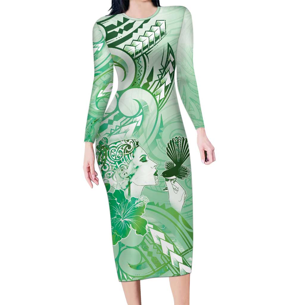 Aotearoa Maori Wahine Long Sleeve Bodycon Dress Fantail Bird Green Gold Marble