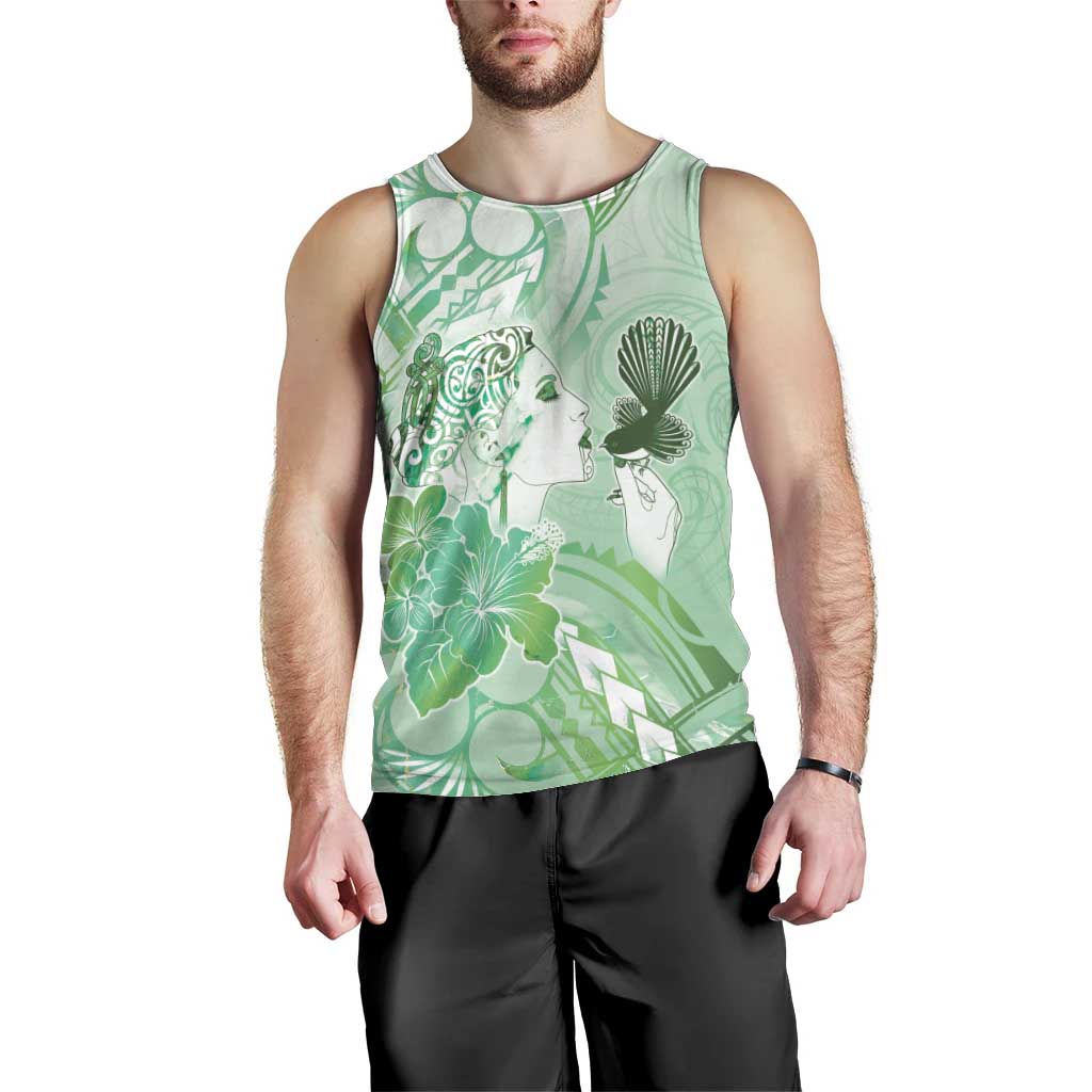 Aotearoa Maori Wahine Men Tank Top Fantail Bird Green Gold Marble LT05 - Polynesian Pride